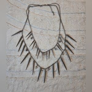 Silver Spike Double Layer Necklace With Gems Edgy Rock Lightweight